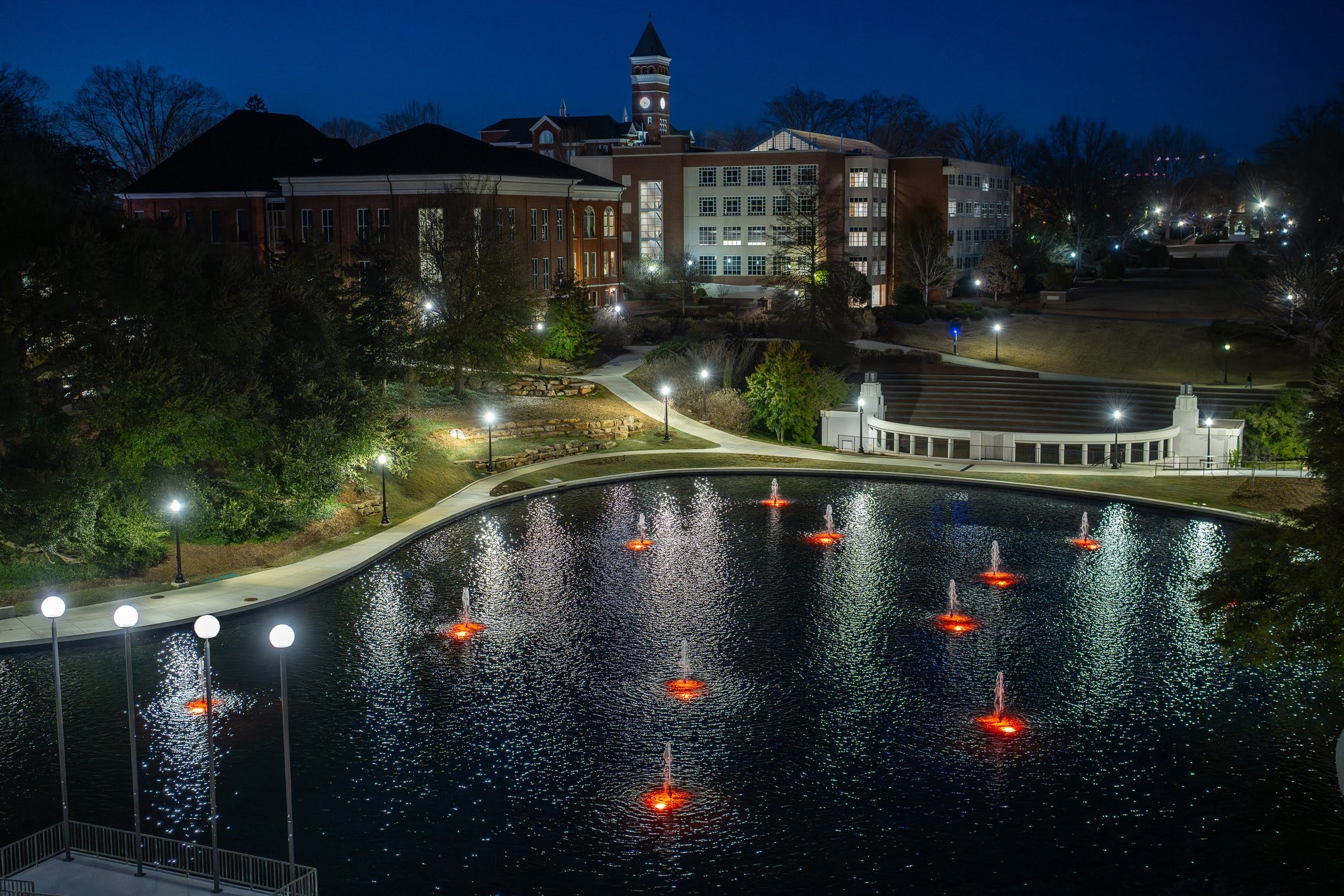 Reflection pond and library bridge from above at night 011