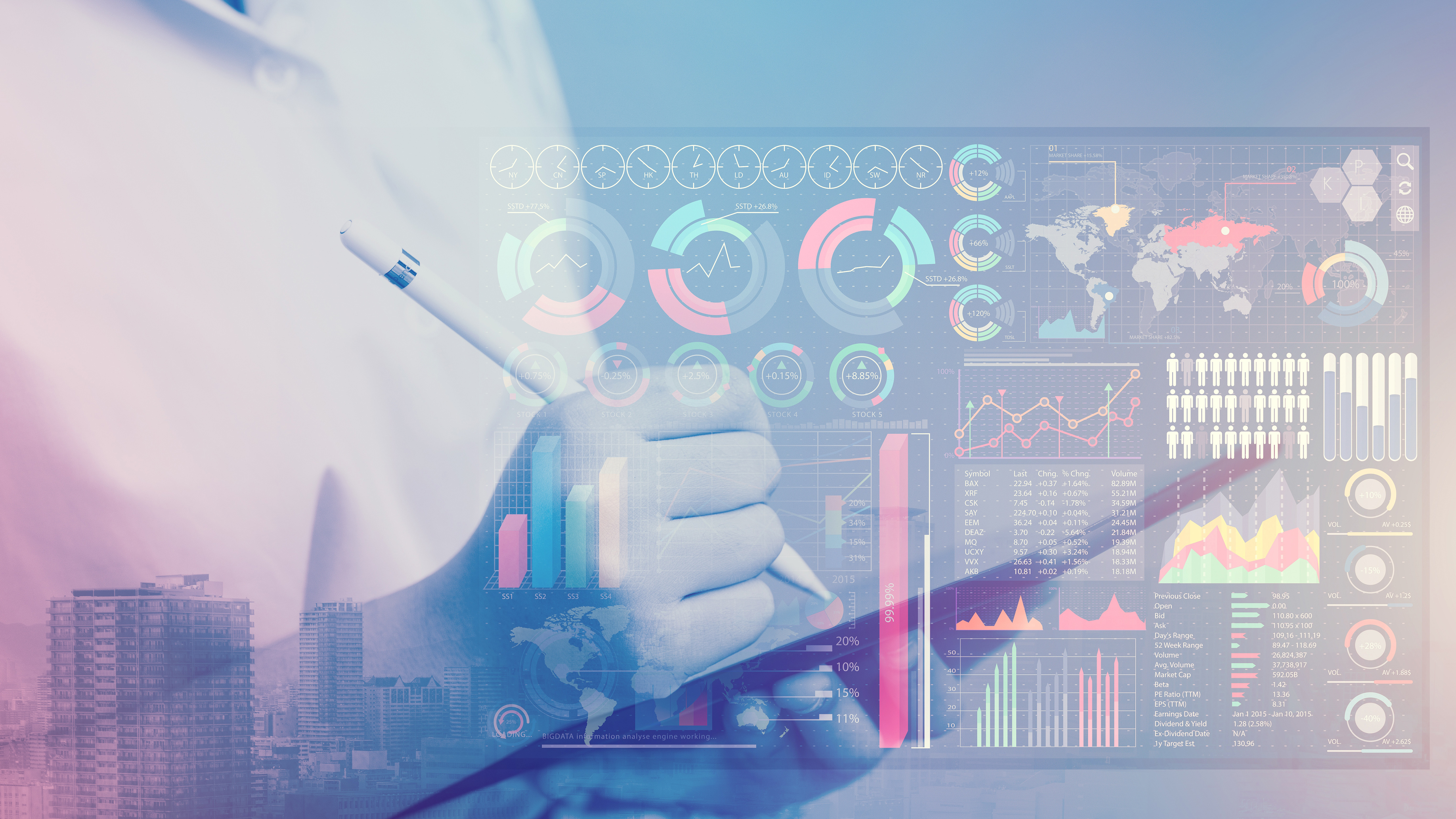 Hand holding a pen over documents with colorful data charts, graphs, and digital analytics overlay