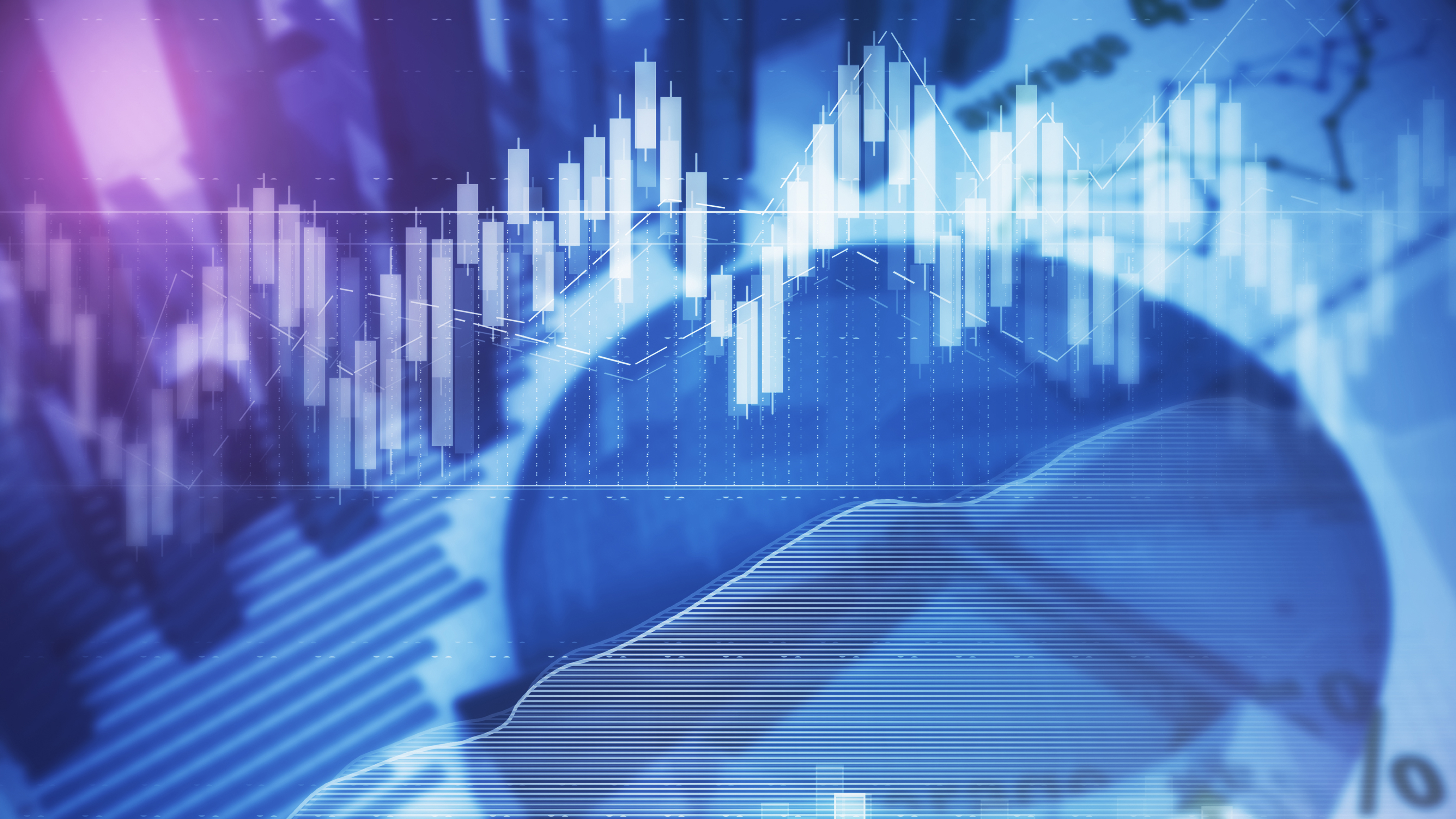Abstract overlay of financial charts and candlestick graphs on a blue-toned background with a world map